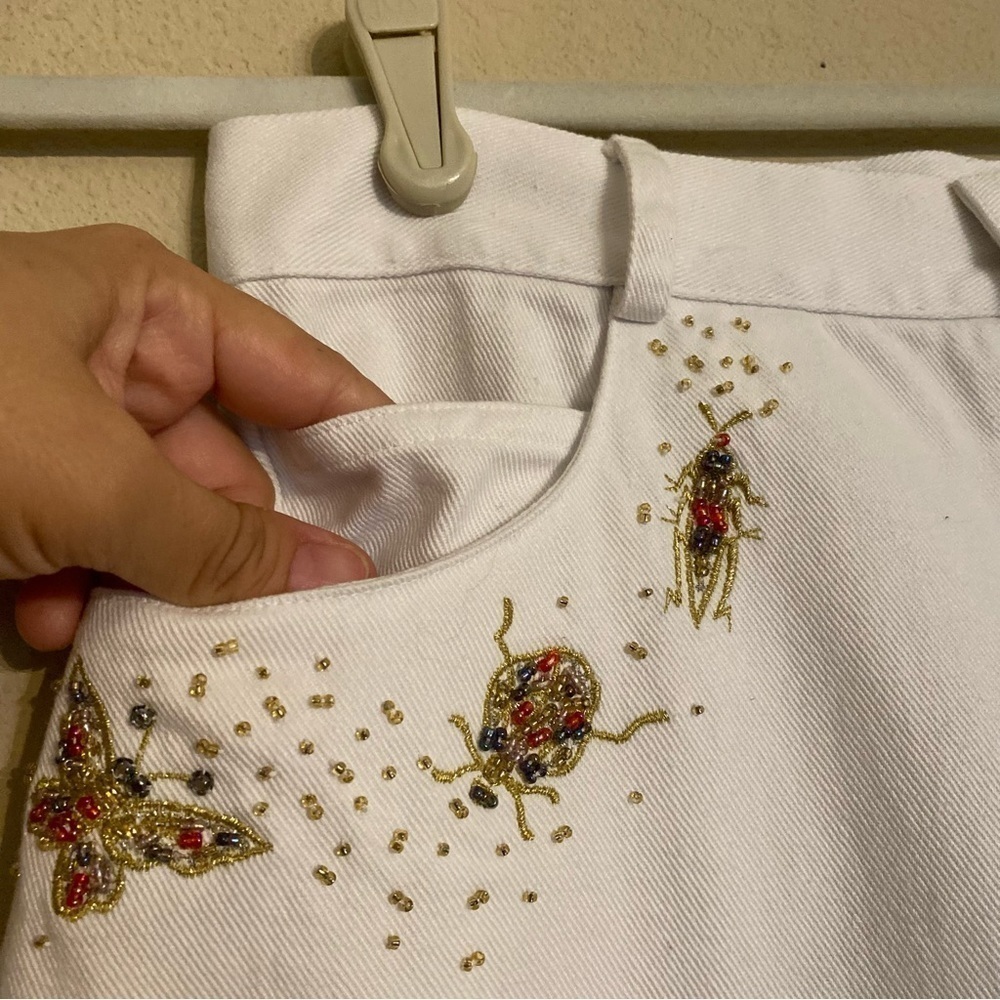 Vintage PRIVATA Beaded Insects Bugs Butterflies White Denim Jeans Size 8 Nature